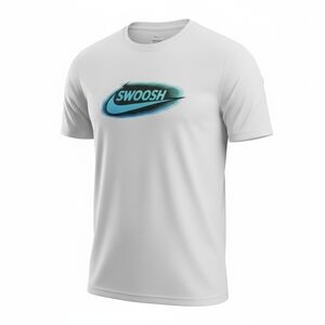 White T-Shirt with Blue Swoosh Logo